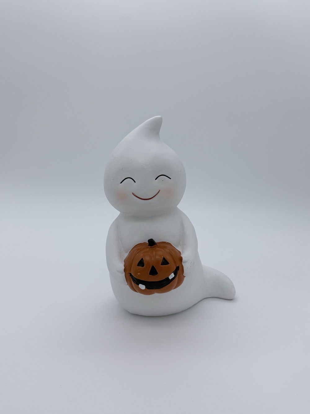 Halloween 8” Retro Style Matte White Smiling Ghost With Pumpkin Statue Tabletop